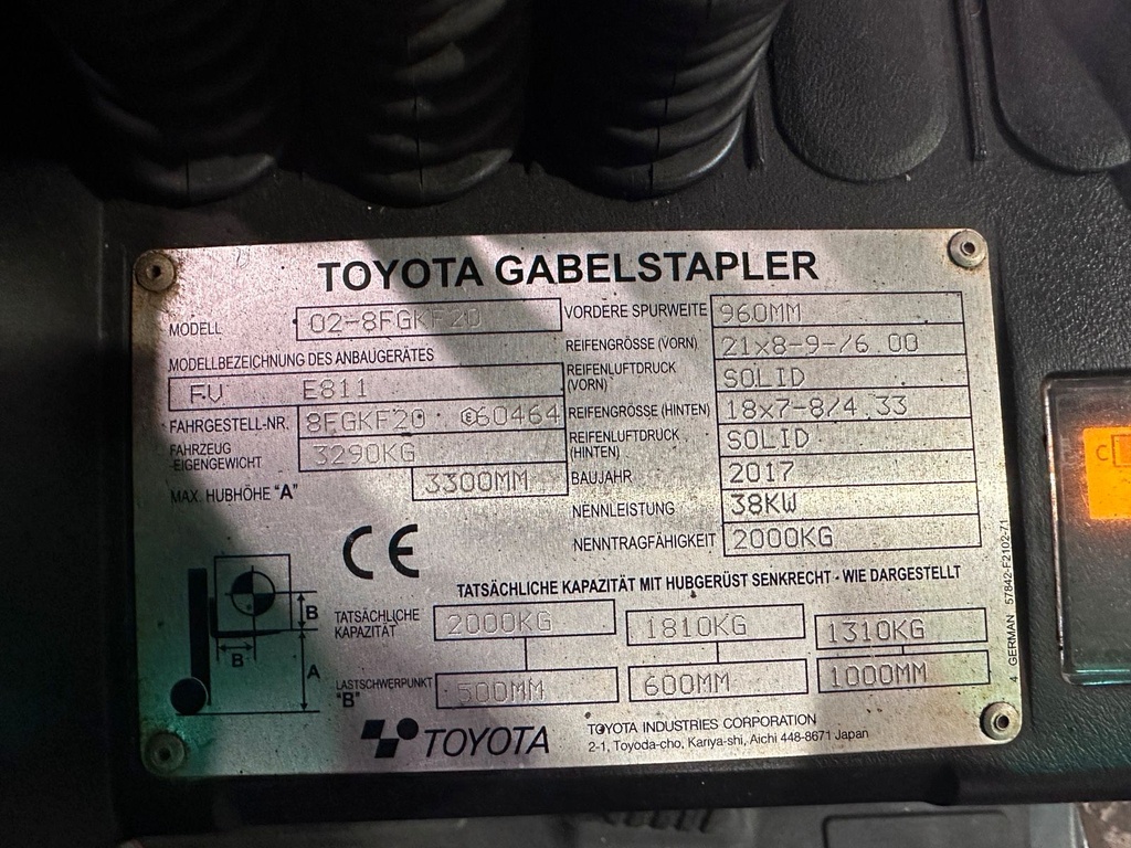 Toyota 8FGKF20 3300mm Hub. 2017 Gas Gabelstapler 2t. 11