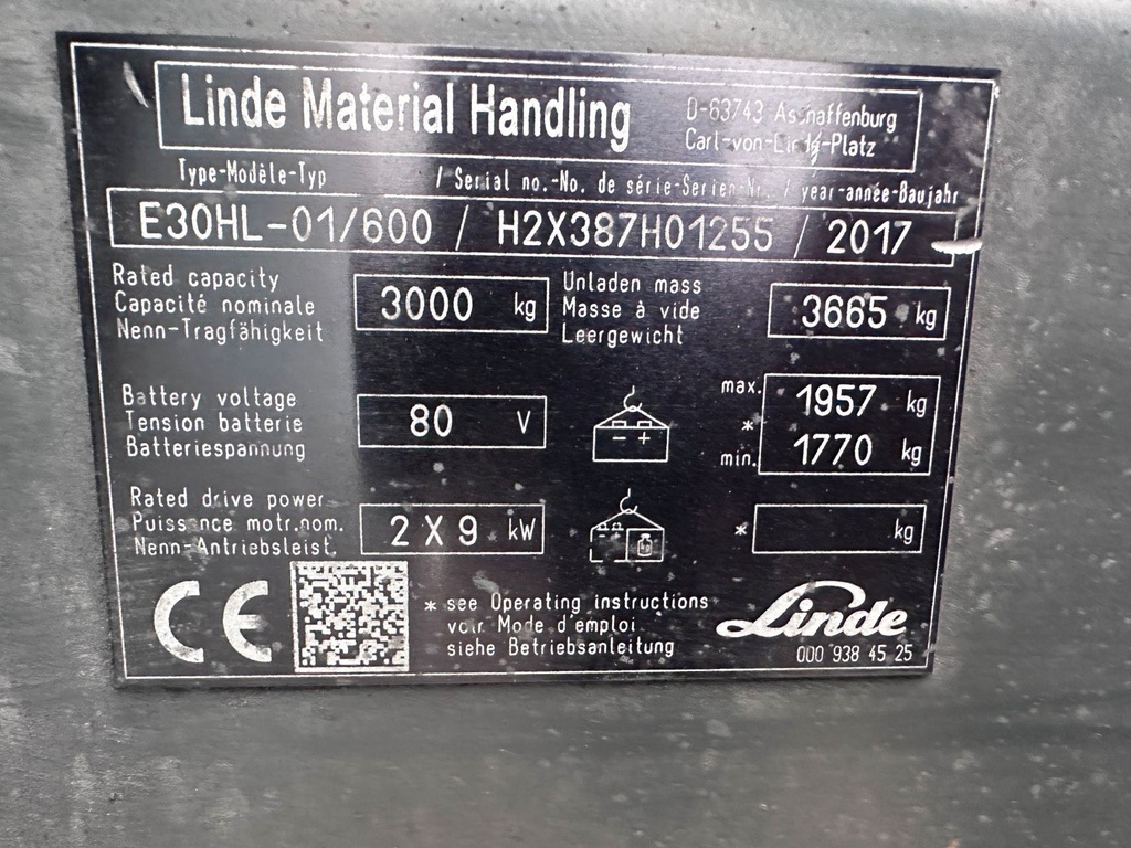 Linde E30HL-01/600 4090mm Hub Elektro Stapler 3t 20177