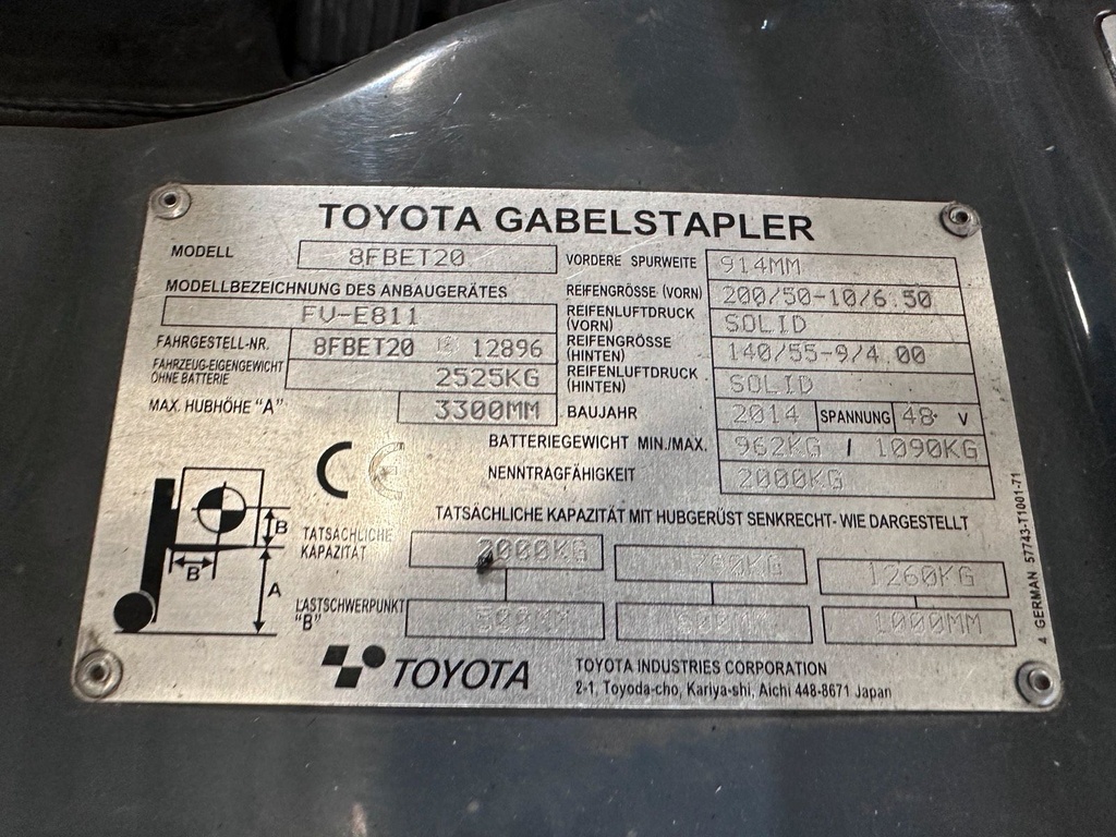 Toyota 8FBET20 3300mm Hub Elektro Gabelstapler 2T9